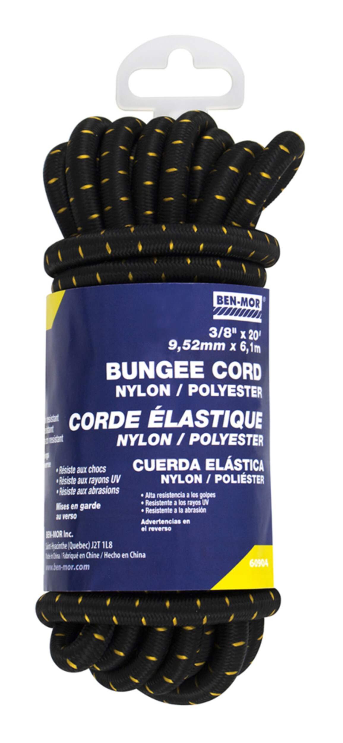 Sangle élastique tout usage Ben-Mor, noir/jaune, 3/8 po x 20 pi Front_Flat