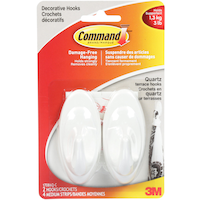 Command Decorative Quartz Terrace Hooks with Adhesive Strips, White, 3-lbs, 2 Strips per Pack