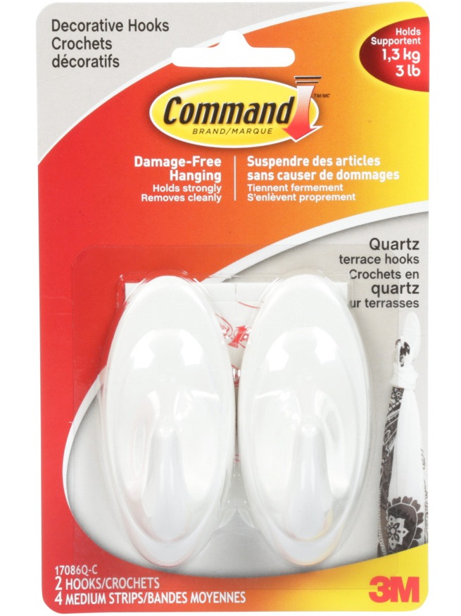 Command Decorative Quartz Terrace Hooks with Adhesive Strips, White, 3