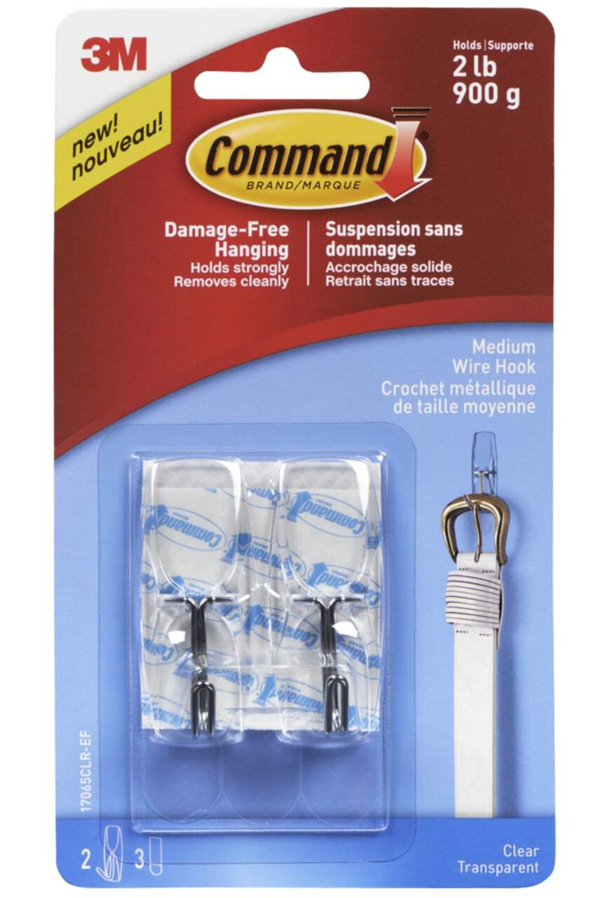Command Medium Wire Toggle Hooks with Adhesive Strips, Clear, 2