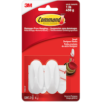 Command Small Designer Hooks with Adhesive Strips, White, 1-lb, 2 Strips per Pack Front_Flat