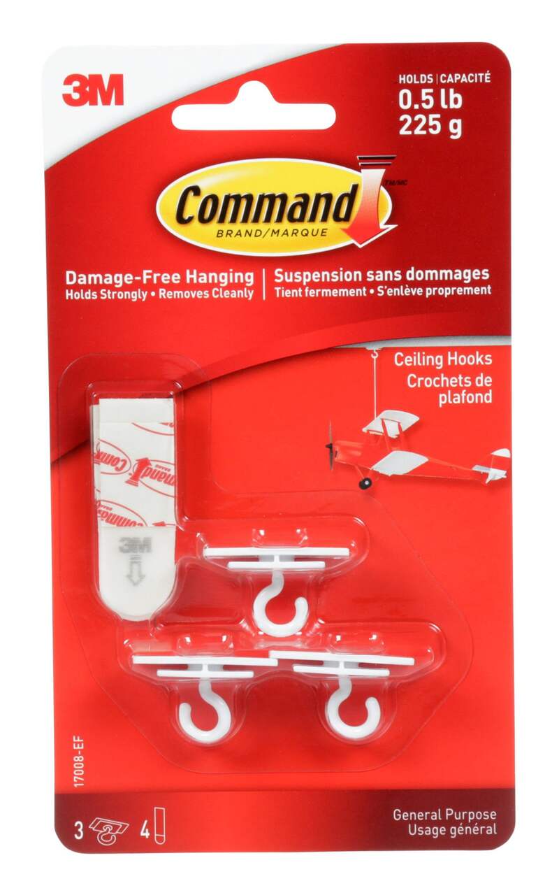 Command Ceiling Hanging Hooks with Adhesive Strips, White, 0.5-lbs