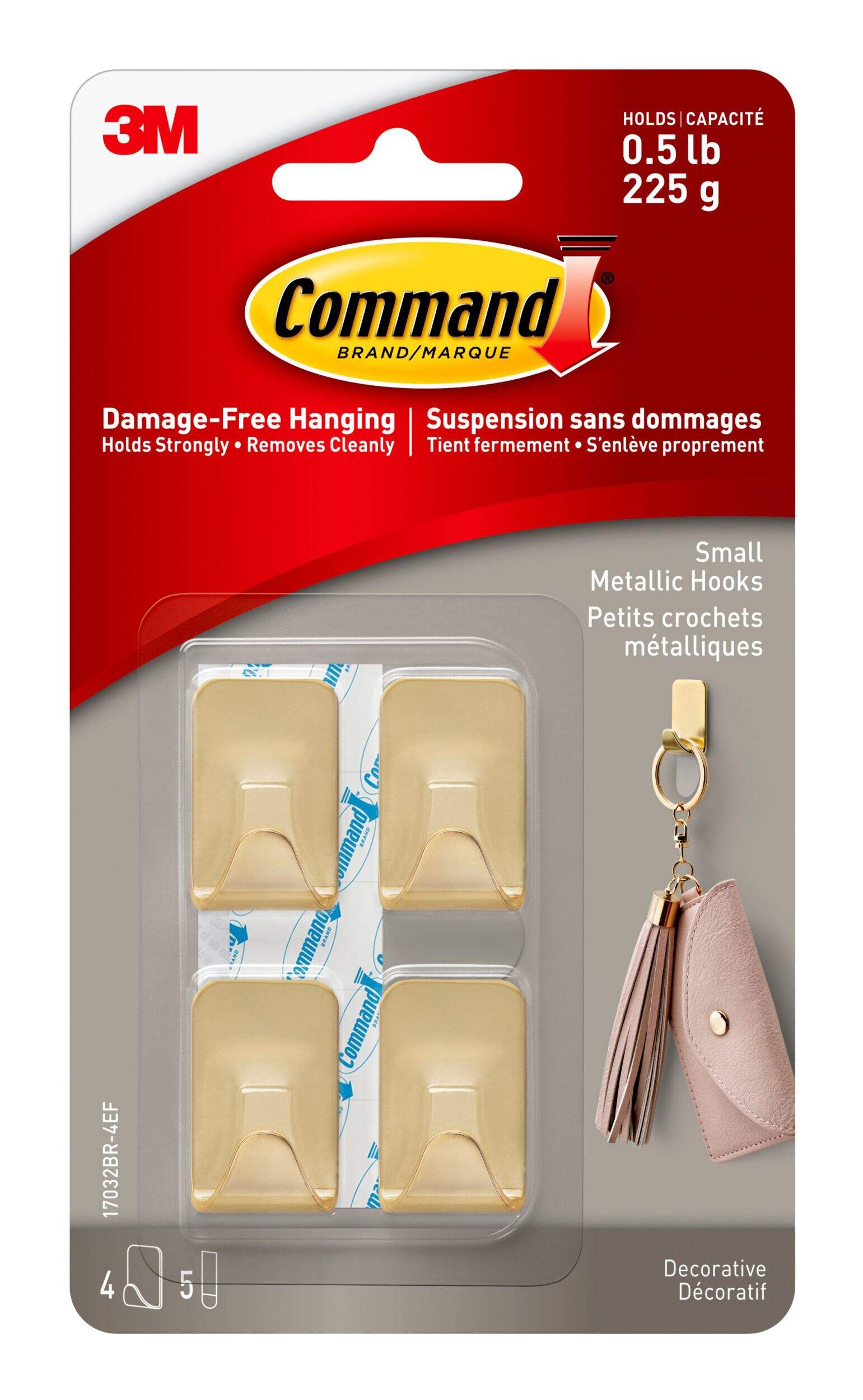 Command Small Metallic Hooks with Adhesive Strips, Brass, 0.5-lbs, 4 Strips per Pack Front_Flat