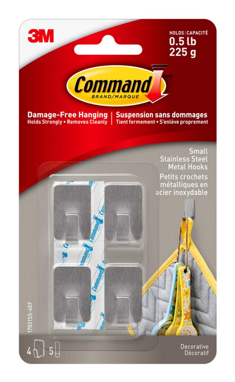 Command Small Stainless Steel Metal Hooks with Adhesive Strips, Silver,  0.5-lbs, 4 Strips per Pack
