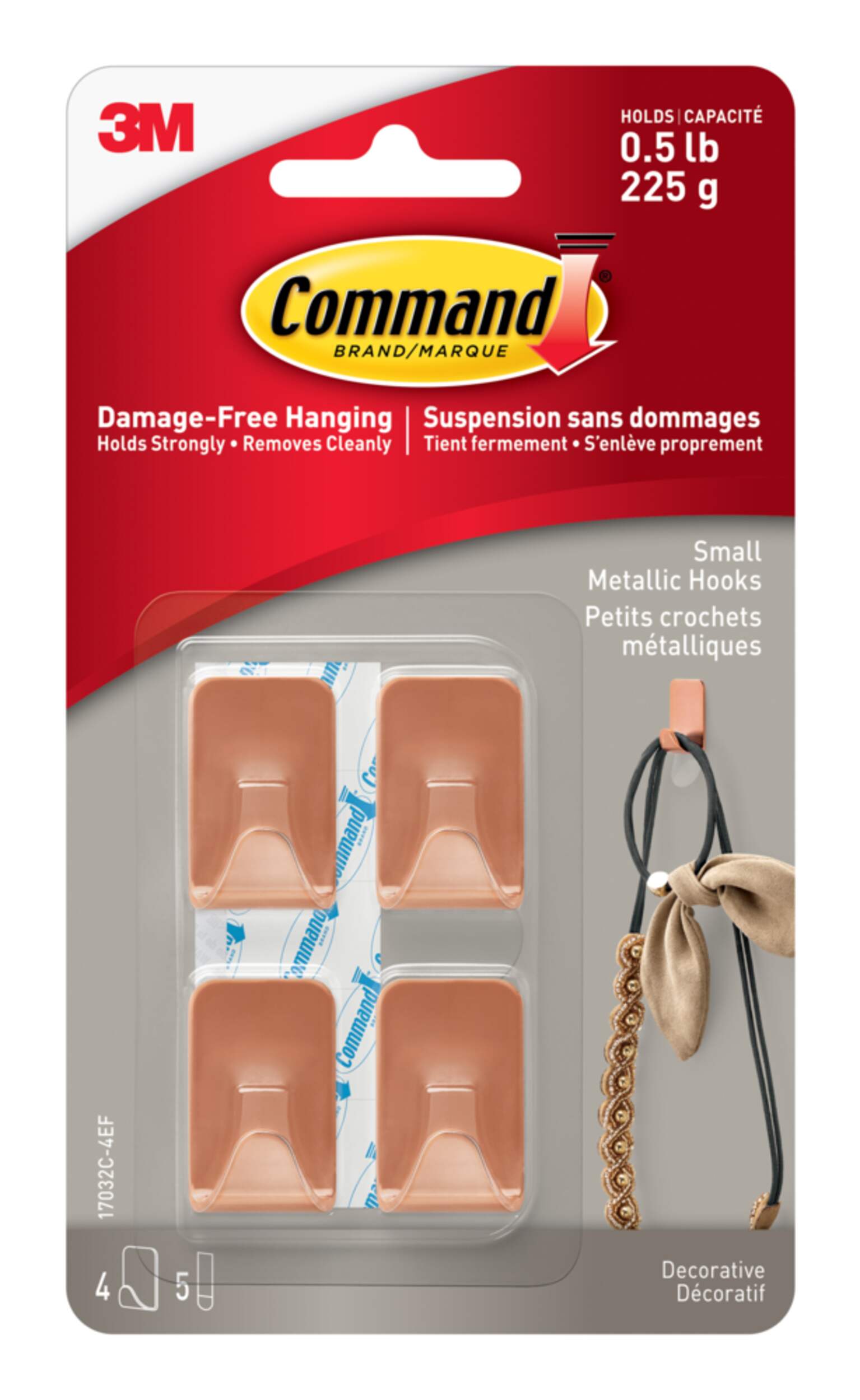 Command Small Metallic Hooks with Adhesive Strips, Copper, 0.5-lbs, 4-pk Front_Flat
