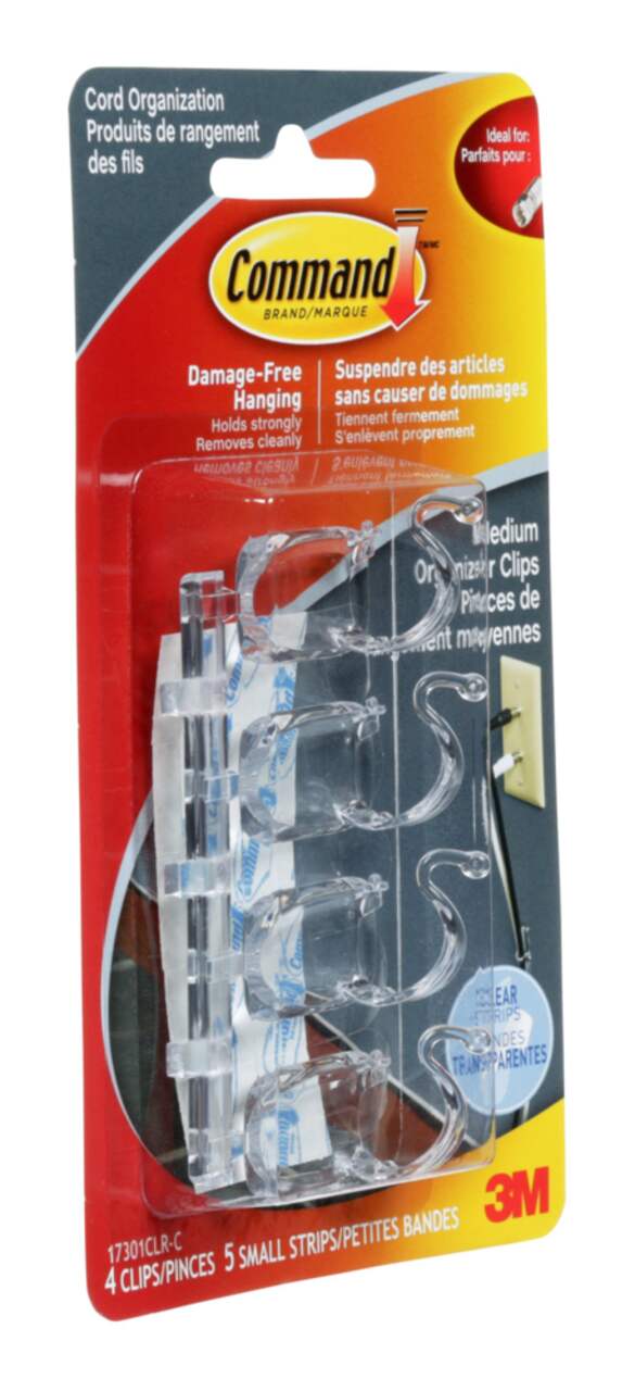 3M Command Clear Cord Clips Medium Wire Clips Hooks Strong Hold 17301 4  Clips 5 Strips Per Pack, 4-Pack 
