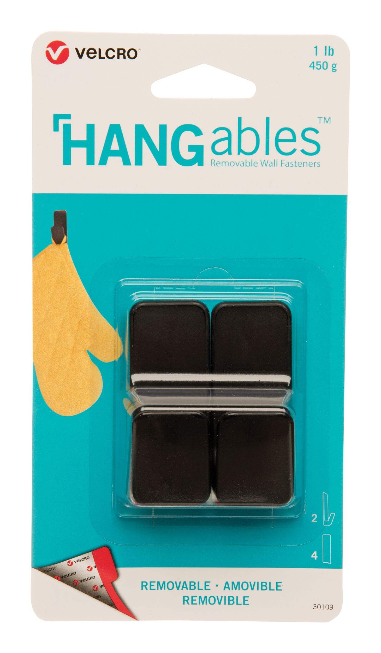 Velcro HANGables Removable Small Adhesive Hooks, Black, 1-lb, 2-pk Front_Flat