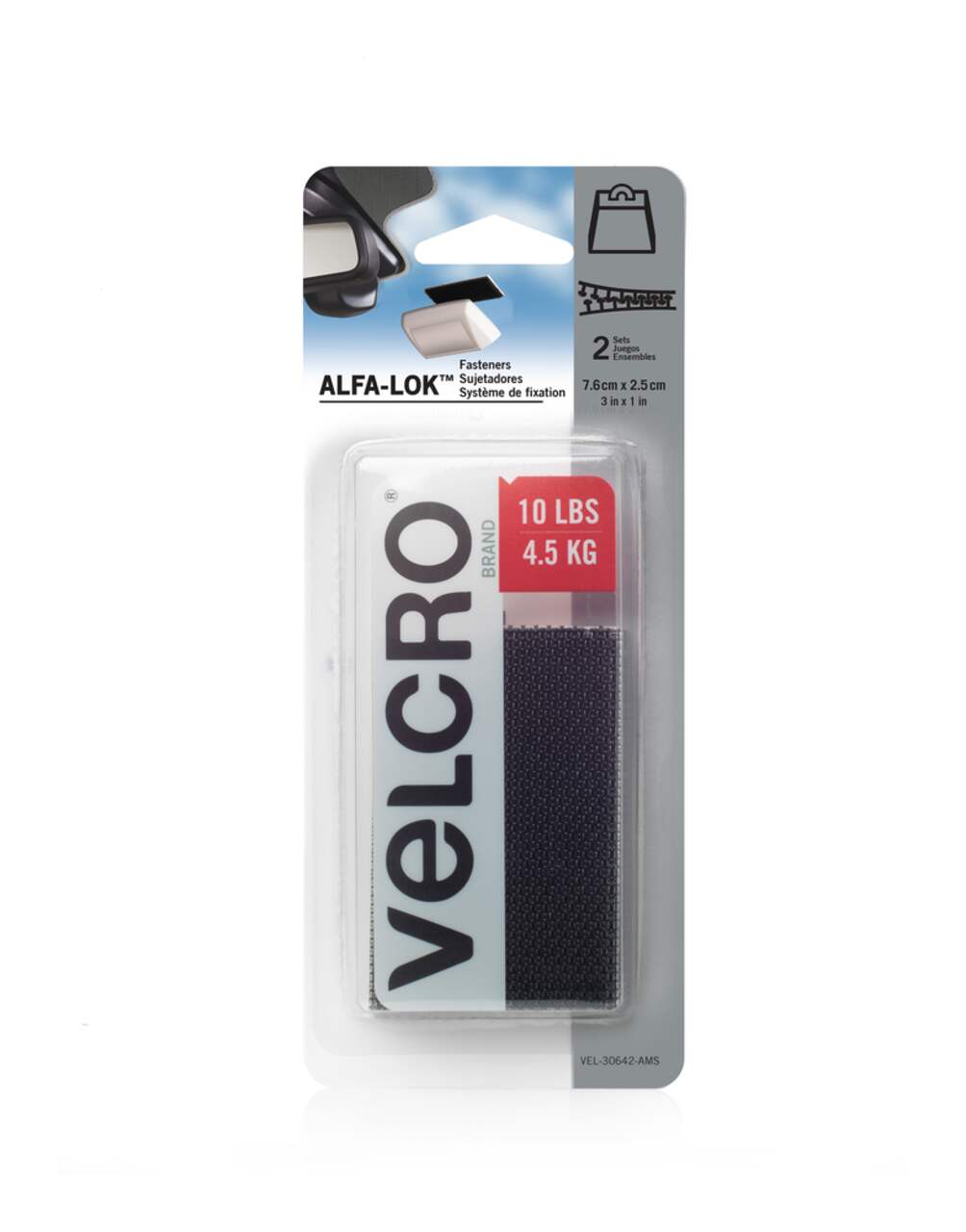 Velcro ALFA-LOK Double-Sided Adhesive Fastener Strips, Black, 10-lbs, 2-pk