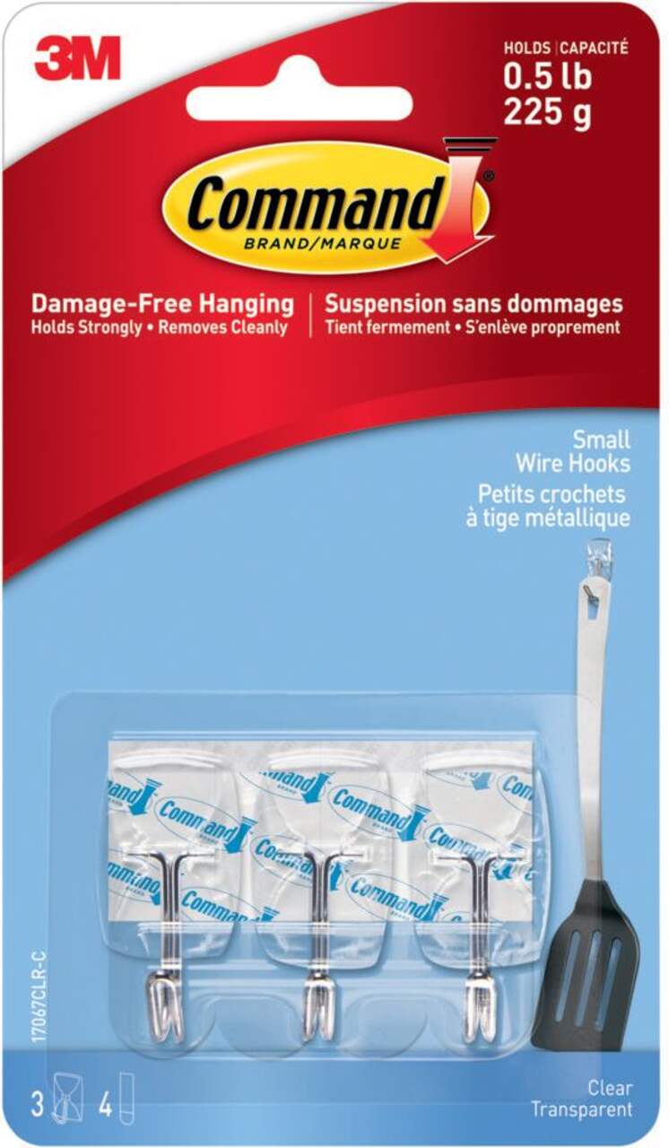 Command Small Wire Hooks with Adhesive Strips, Clear, 0.5-lbs, 3