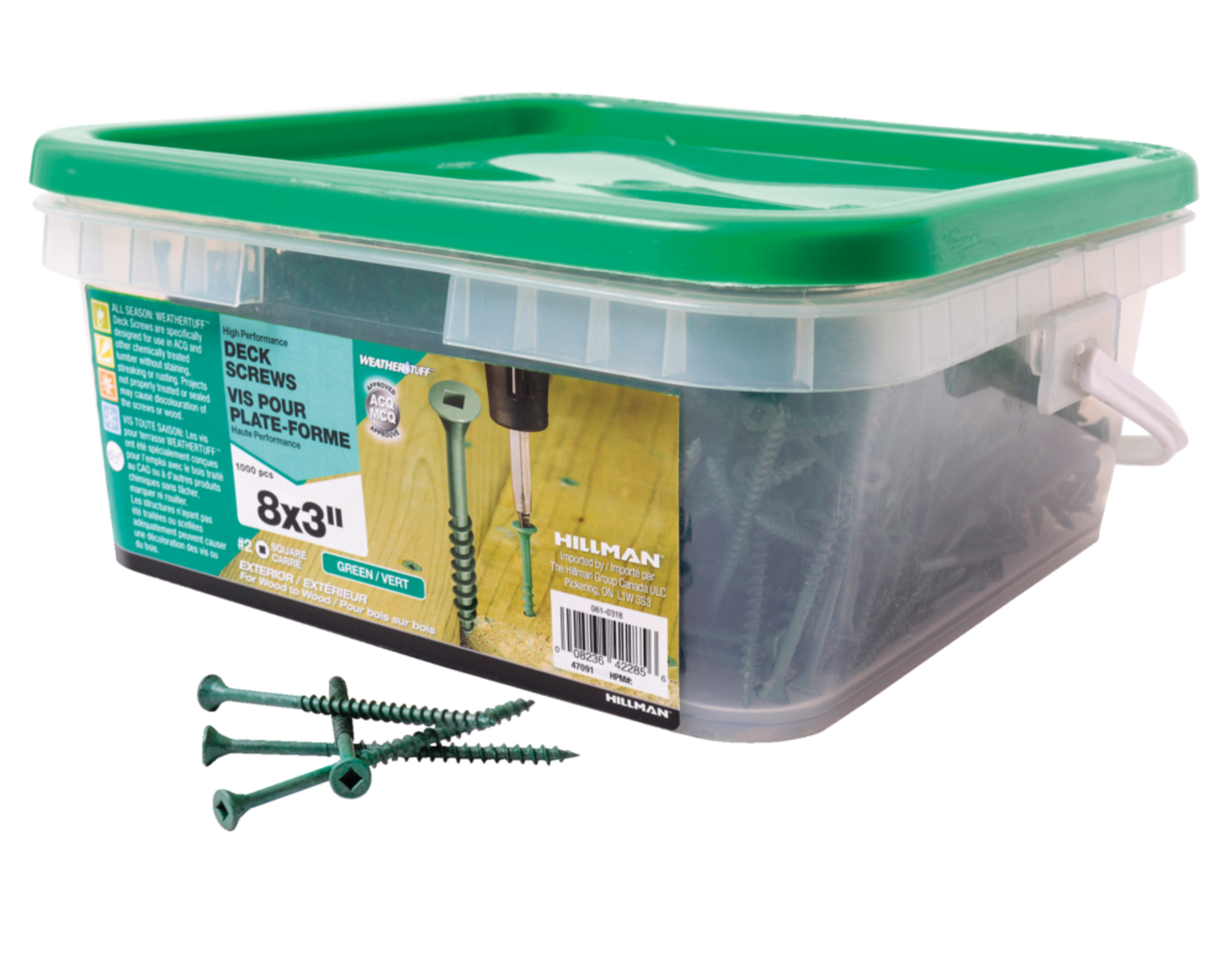 Hillman Pro-fast #8 x 3-in Star Drive Flat Head Premium Deck Screws, Green, 1000-pk Front_Three_Fourths_Angled_Left