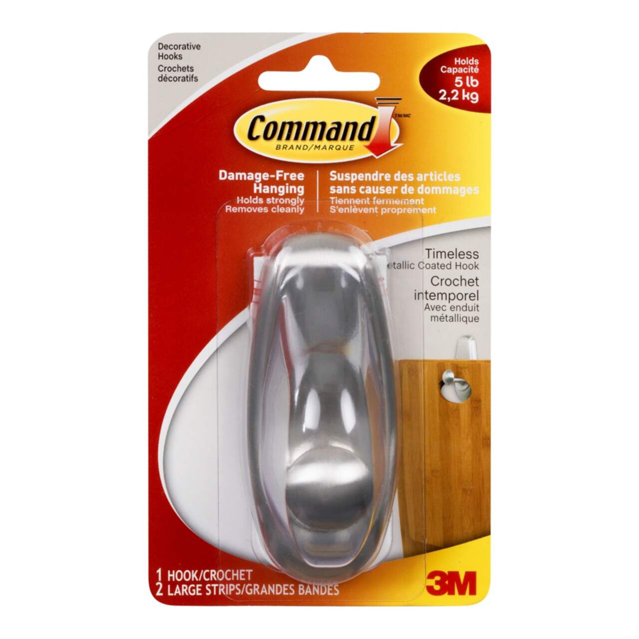 Command Timeless Decorative Metallic Hook with Adhesive Strips, Brushed  Nickel, 5-lbs, 1-pk