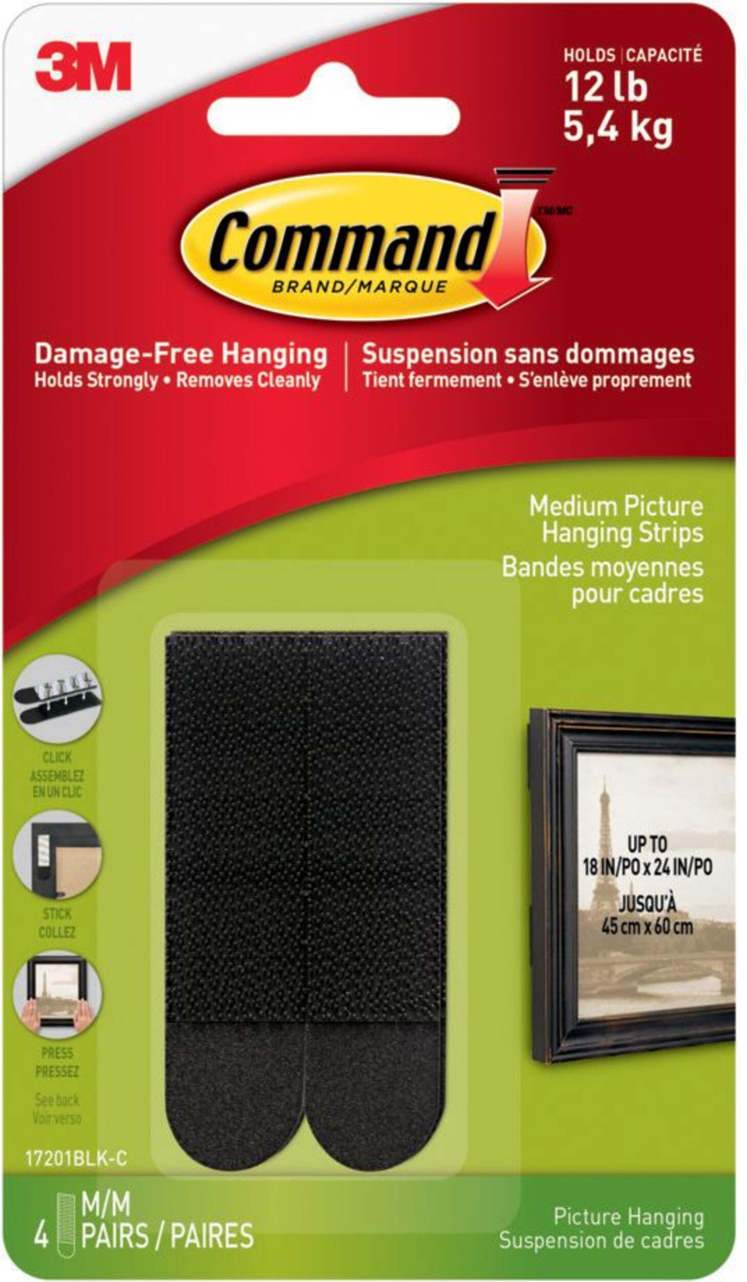 Bandes adhésives pour tableaux Command, moyen, noir, 12 lb, paquet de 4 Front_Flat