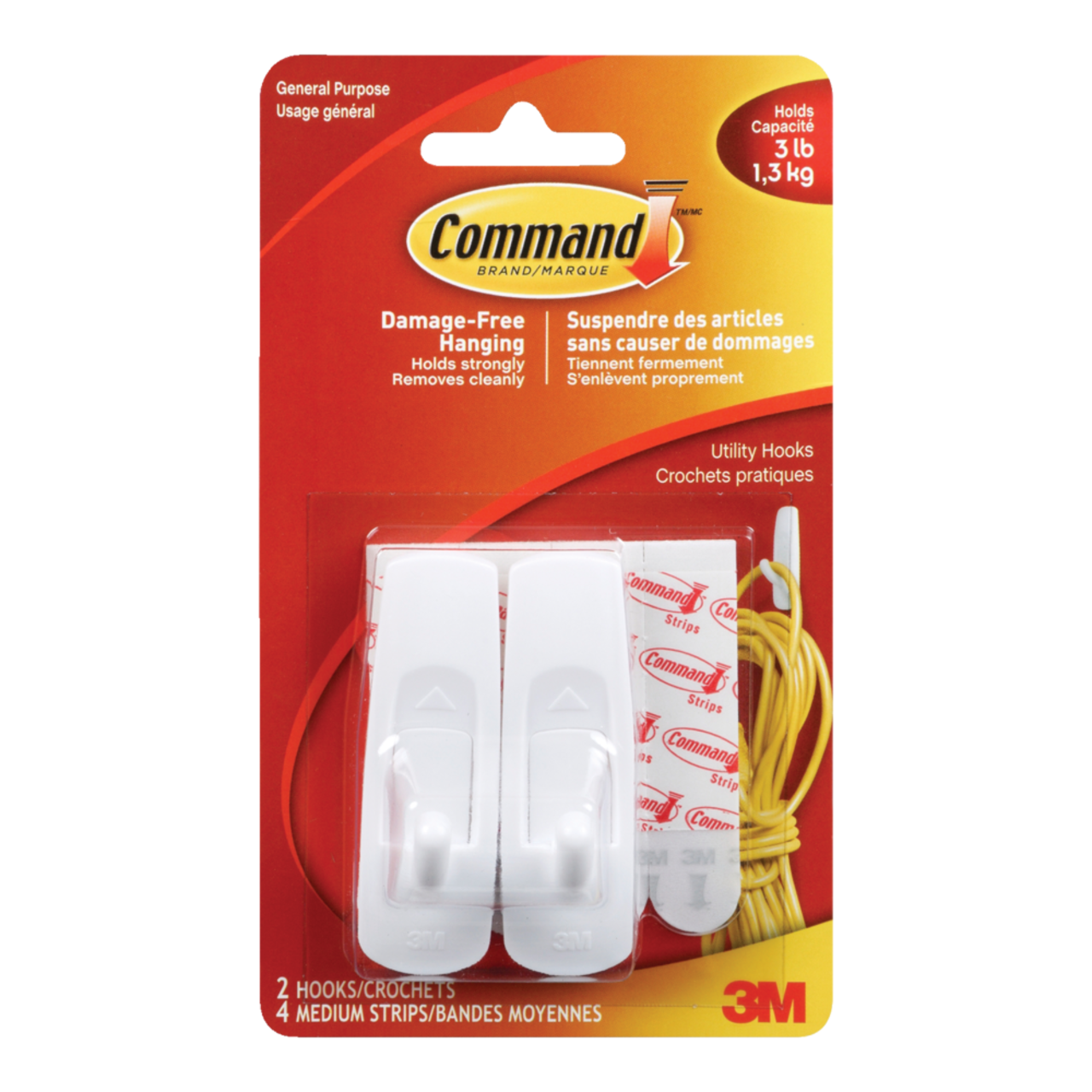 3M Command Wire Hooks Small Adhesive Damage Free 3 Hooks 4 Strips White,  12-Pack 