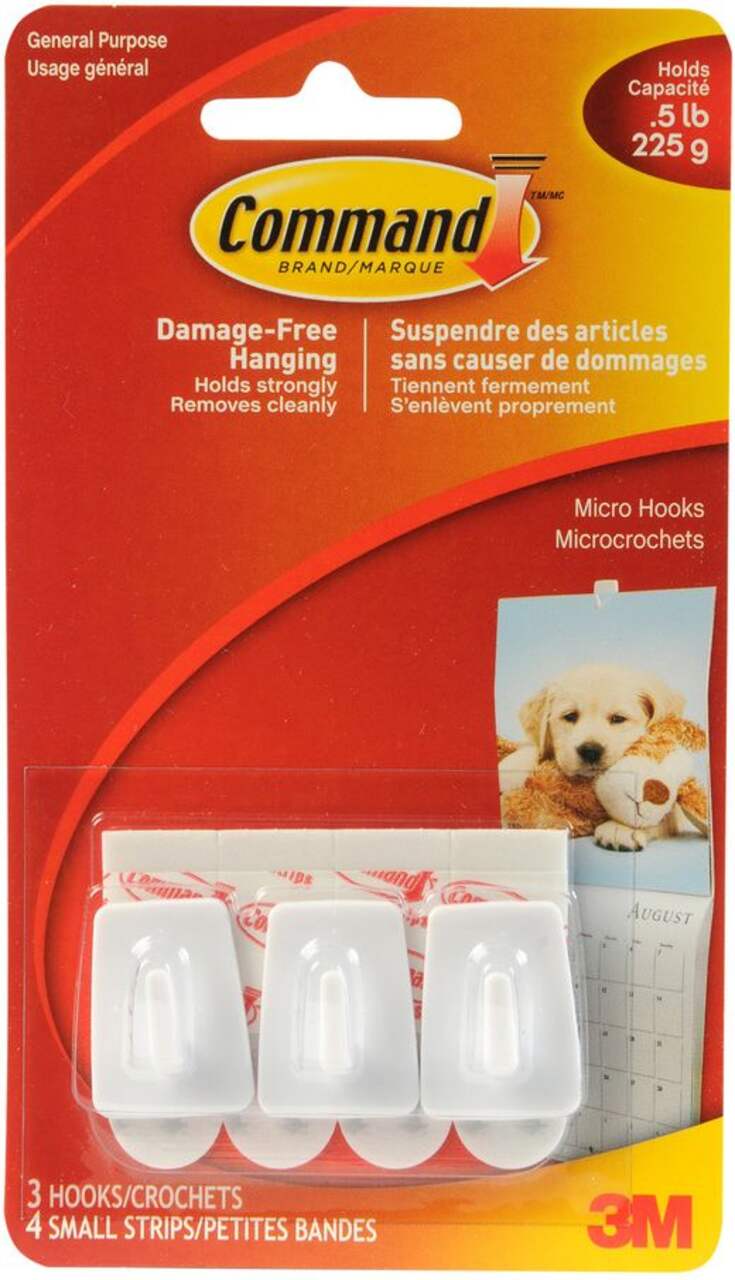Command Micro Hooks with Adhesive Strips, White, 0.5-lbs, 3-pk