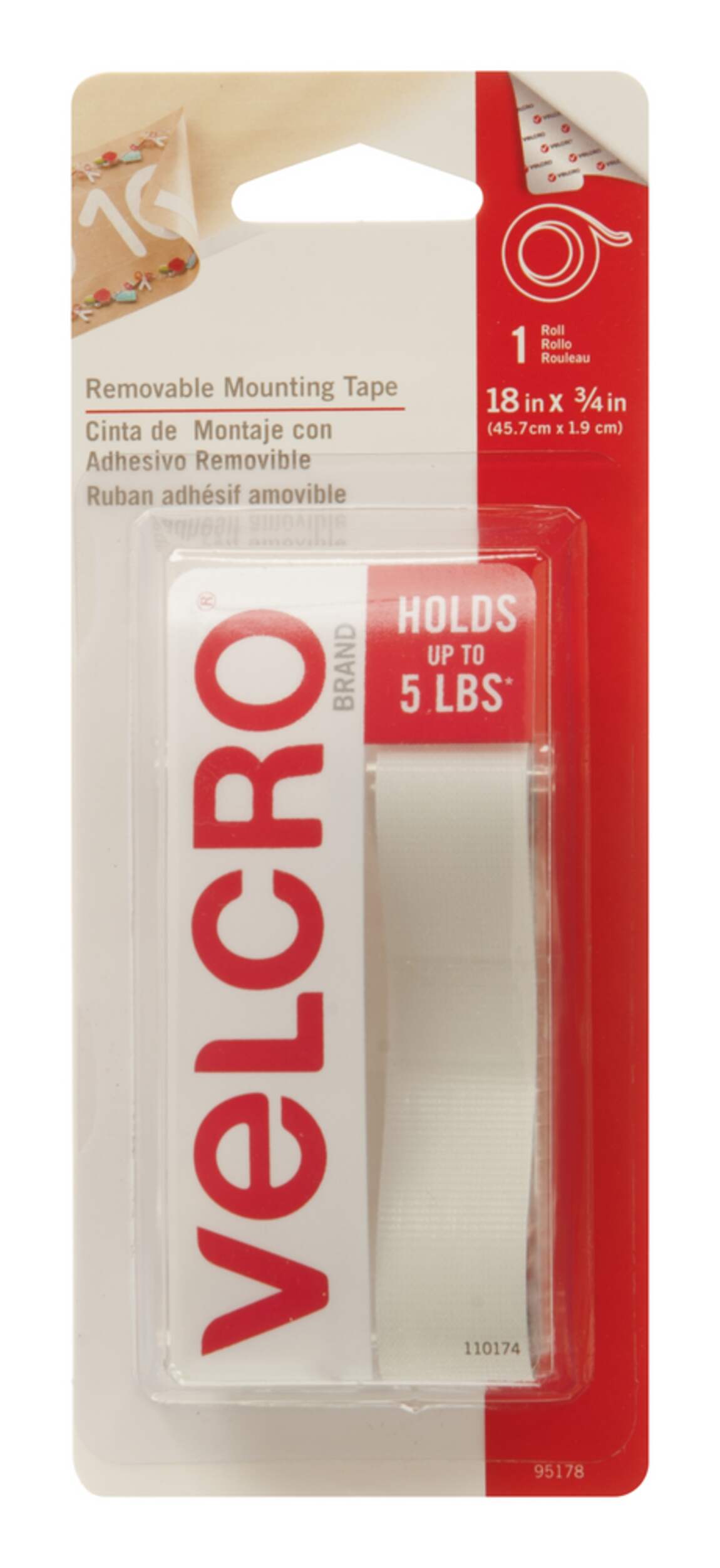Velcro Removeable Adhesive Peel and Stick Mounting Tape, White, 5-lbs, 18 x 3/4-in, 1-pk Front_Flat