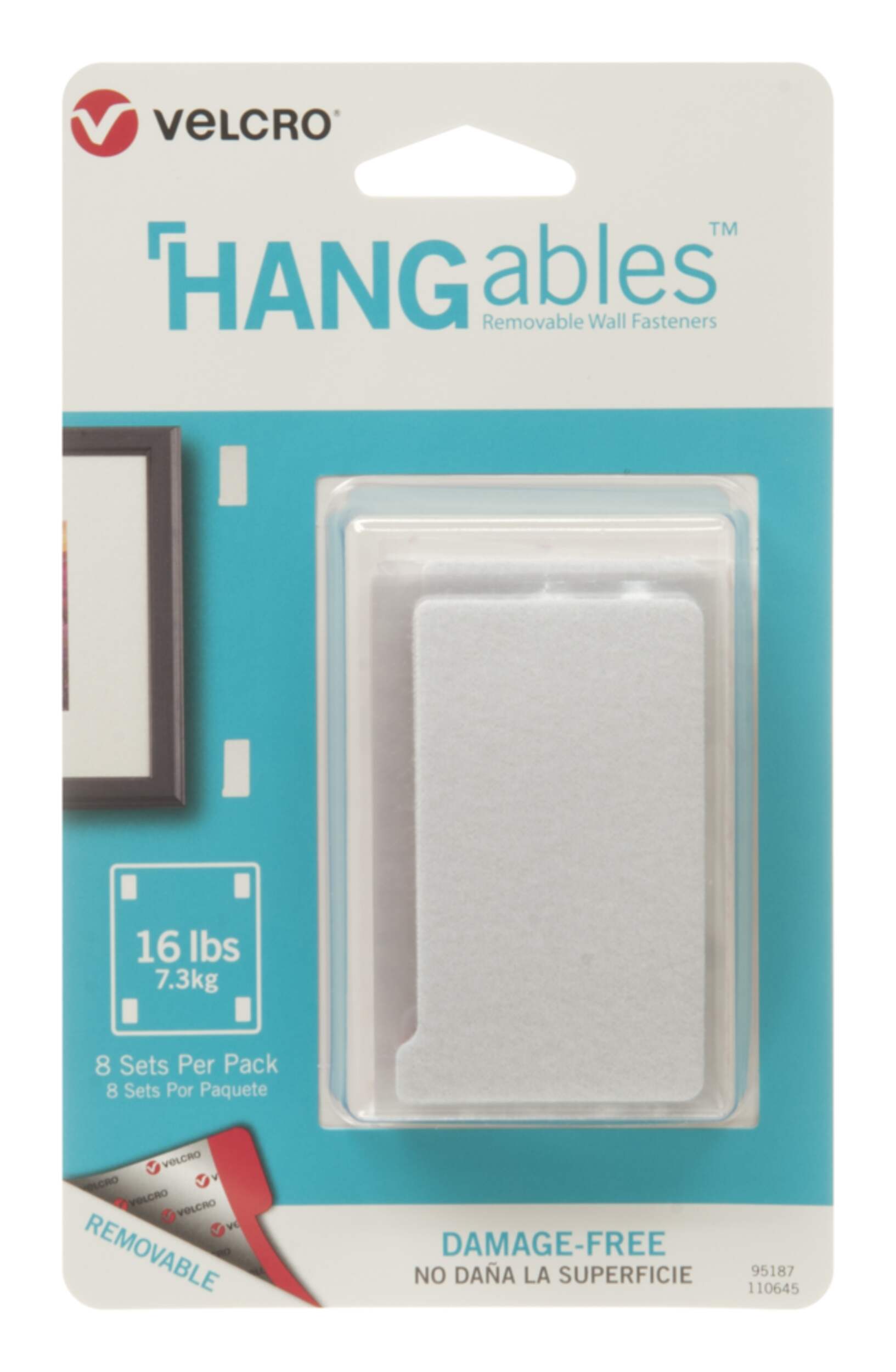 Velcro HANGables Removable Adhesive Strips, White, 16-lbs, 3 x 1-3/4-in, 8-pk Front_Flat