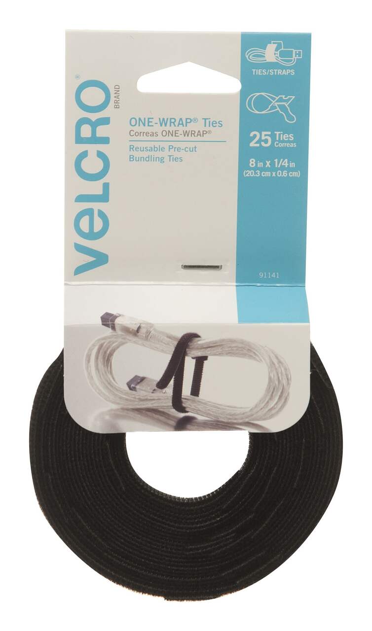 Velcro ONE-WRAP Adjustable Reusable Velcro Hook and Loop Ties, Black, 8 x 1/ 4-in, 25-pk