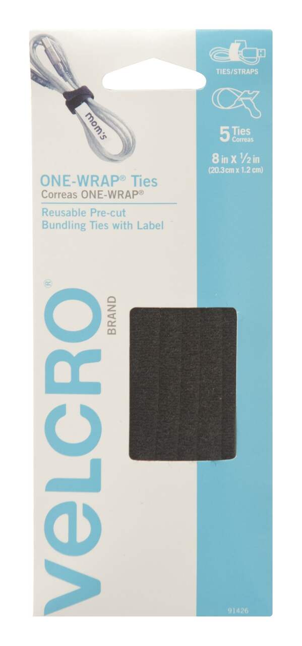 Velcro ONE-WRAP Adjustable Reusable Velcro Hook and Loop Ties with Tab,  Black, 8 x 1/2-in, 5-pk