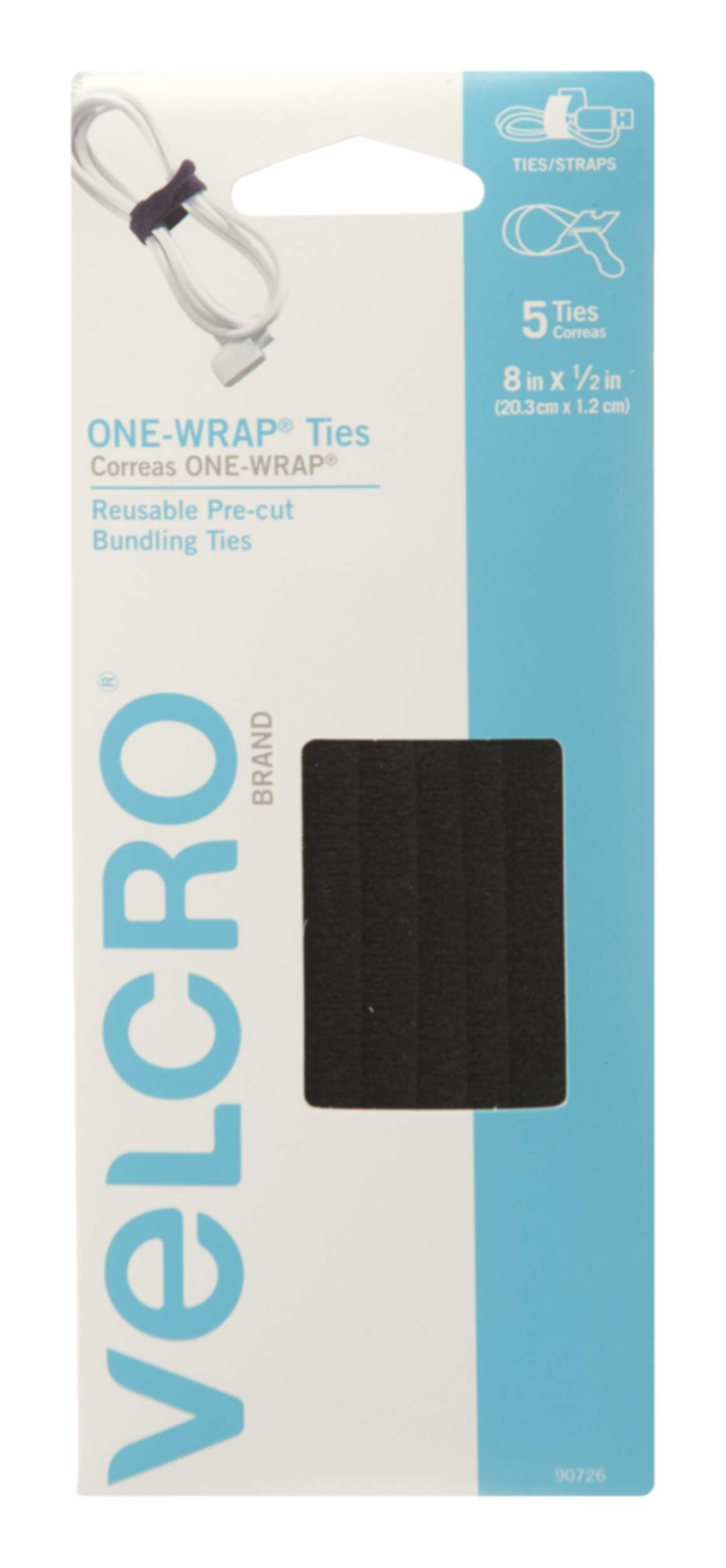 Velcro ONE-WRAP Adjustable Reusable Velcro Hook and Loop Ties, Black, 8 x 1/2-in, 5-pk Front_Flat