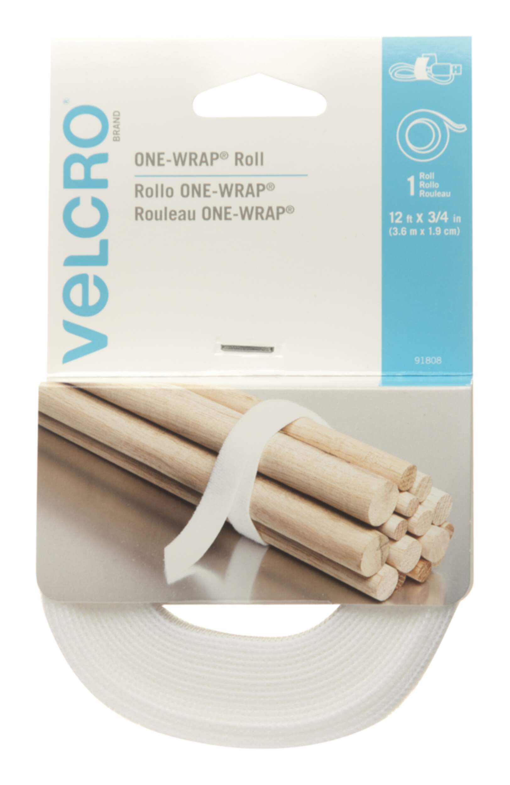 Velcro ONE-WRAP Adjustable Reusable Velcro Hook and Loop Strap, White Roll, 12-ft x 3/4-in, 1-pk Front_Flat