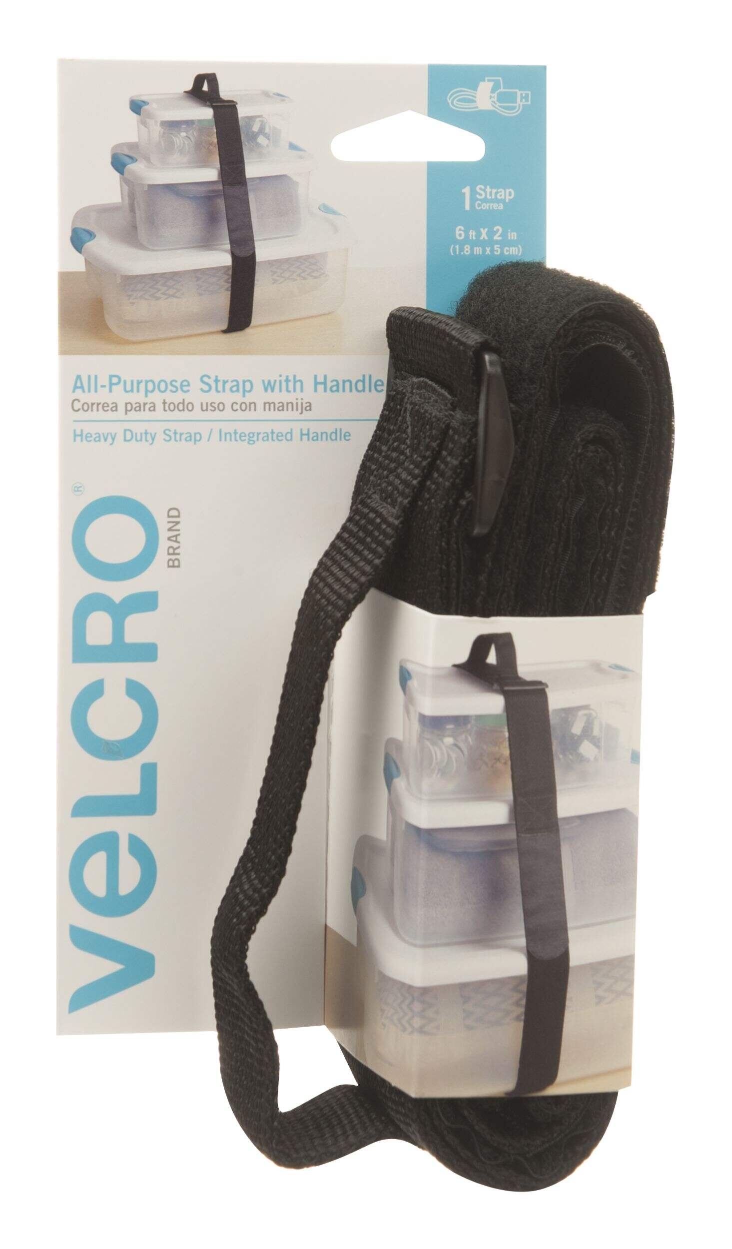 Velcro Adjustable Reusable All-Purpose Nylon Strap with Handle, Black, 6-ft X 2-in, 1-pk Front_Flat