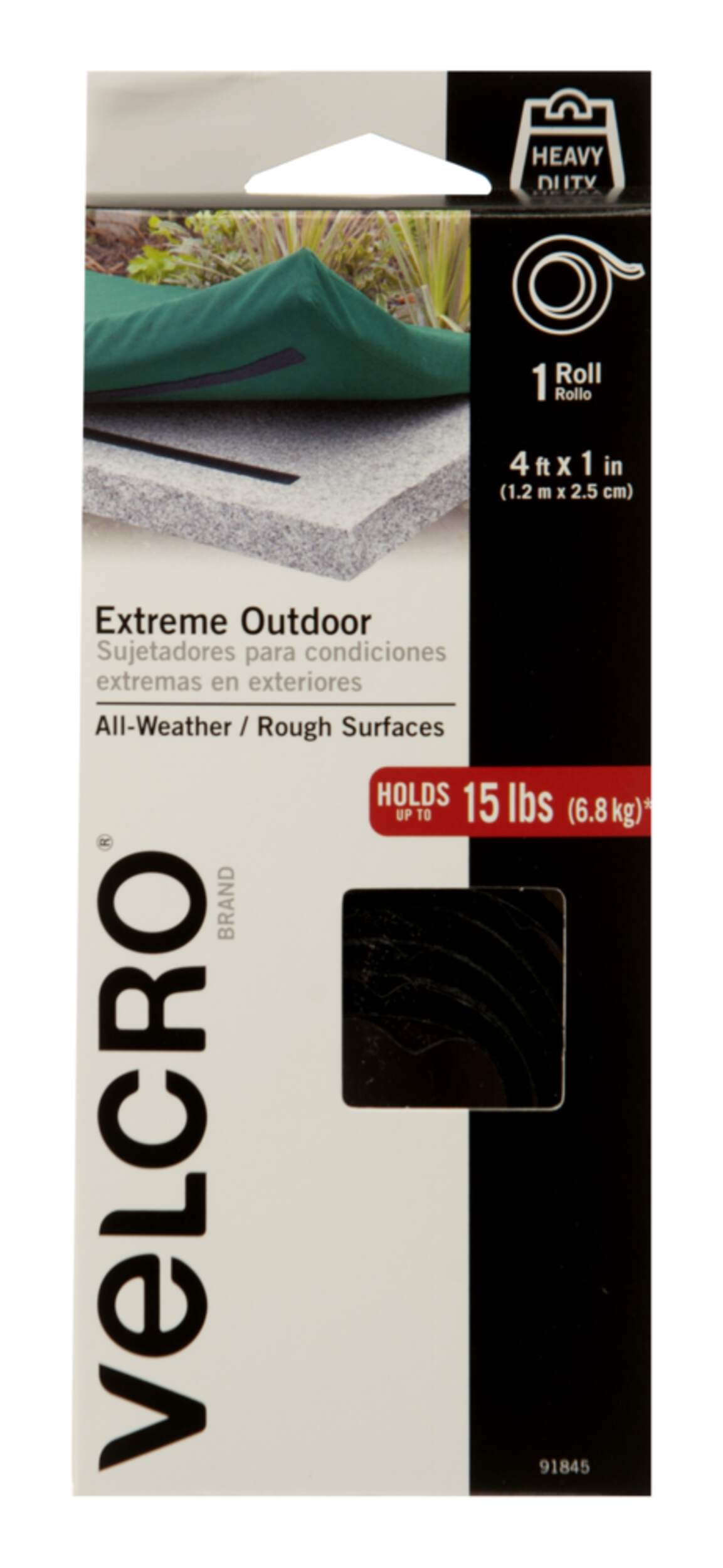 Velcro Industrial Strength Extreme Heavy Duty Tape, Black, 15-lbs, 4-ft x 1-in, 1-pk Front_Flat