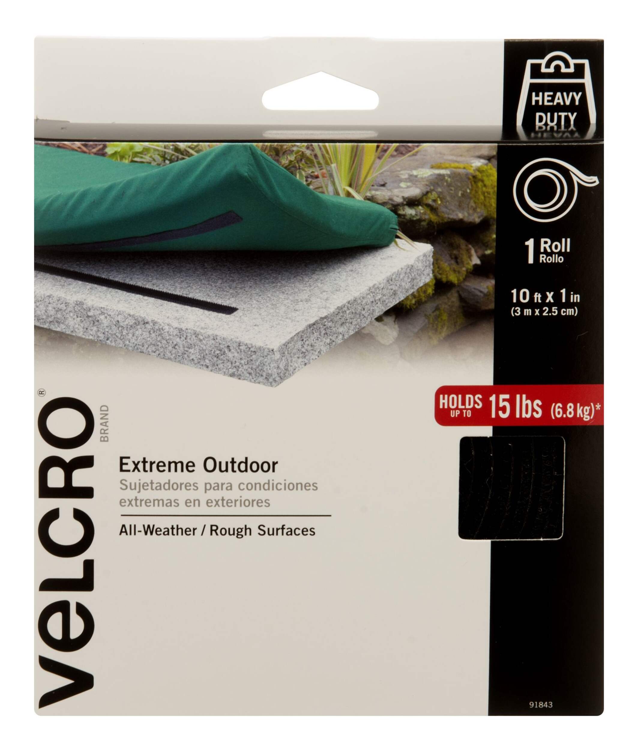 Velcro Industrial Strength Extreme Heavy Duty Tape, Black, 15-lbs, 10-ft x 1-in, 1-pk Front_Flat