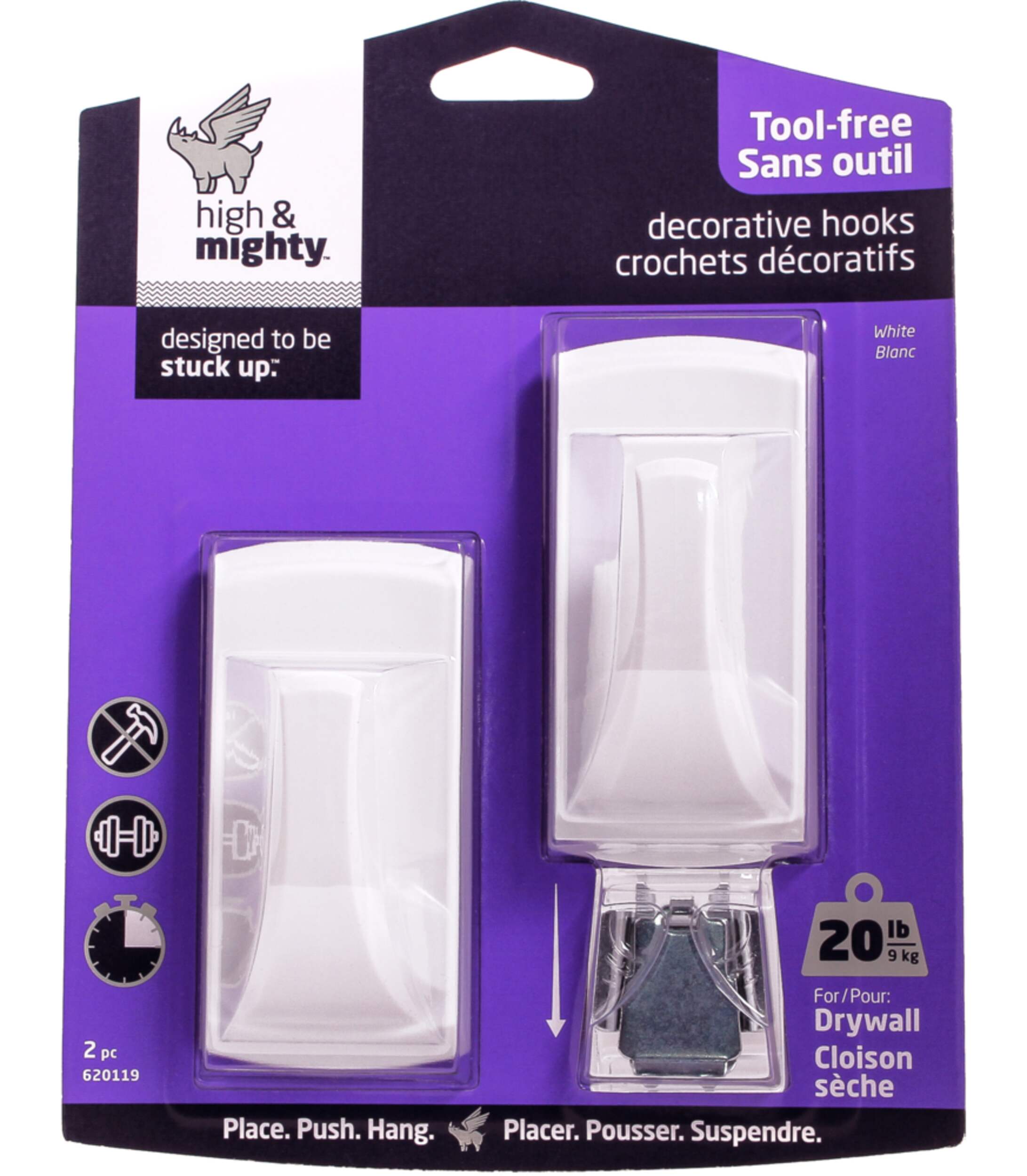 High & Mighty Plastic Hook, Easy Insertion and Removal, 20lb Capacity