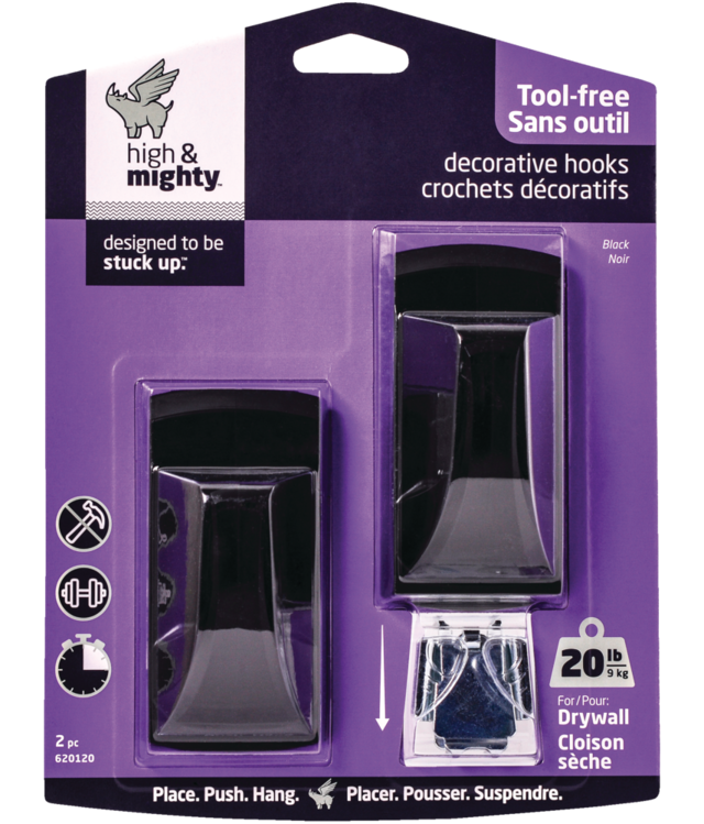 High & Mighty Plastic Hook, Easy Insertion and Removal, 20lb Capacity