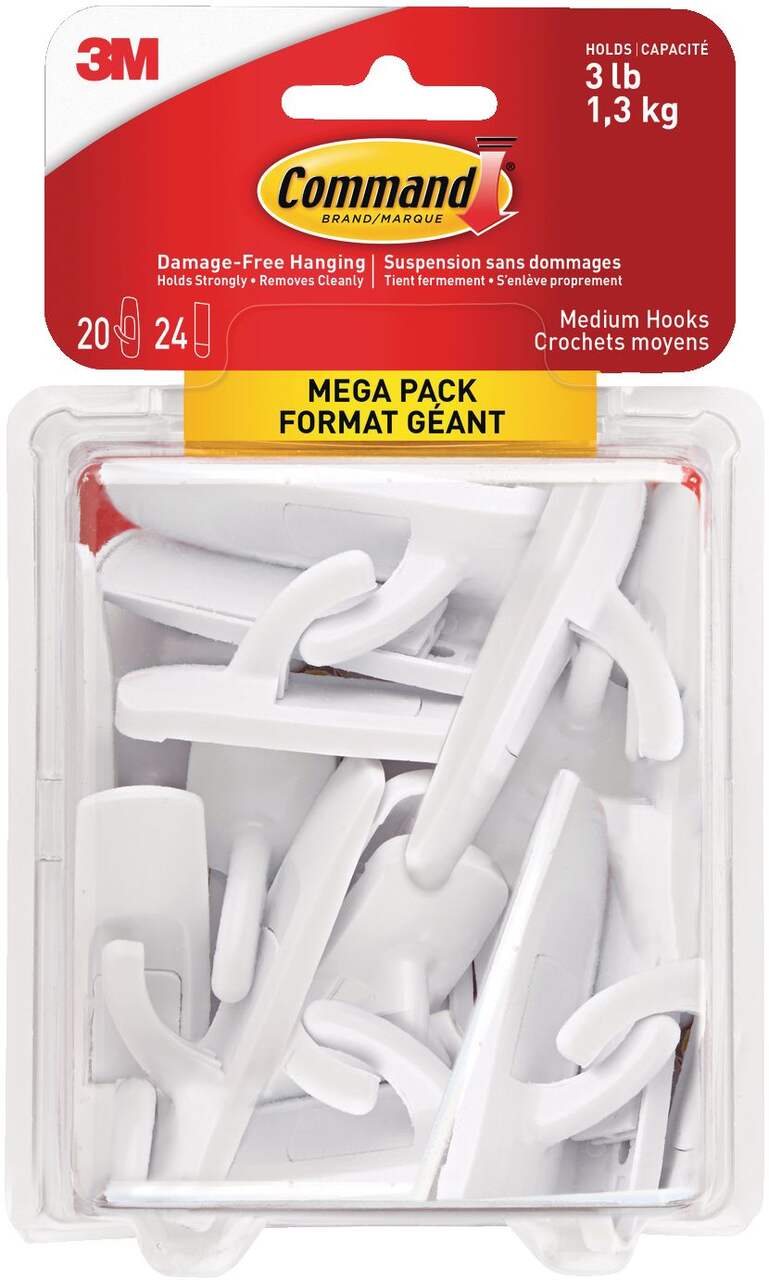 Command Medium Hooks Mega Pack with Adhesive Strips, White, 3-lbs, 20  Strips per Pack