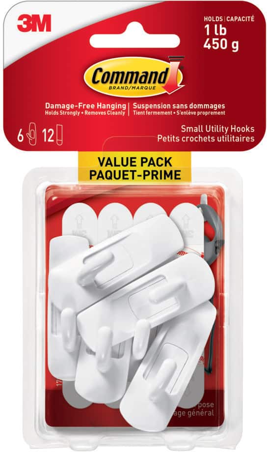 Command Small Utility Hooks Value Pack with Adhesive Strips, White, 1-lb, 6  Strips per Pack