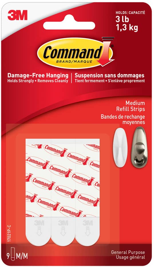 Command Medium General Purpose Refill Strips for Adhesive Hooks, White,  3-lbs, 9 Strips per Pack