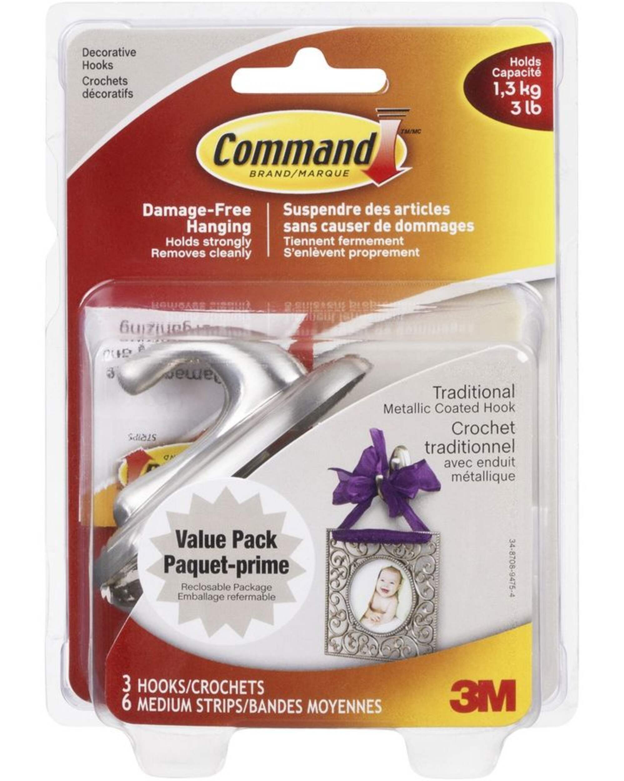 Command Medium Traditional Metallic Hook Value Pack with Adhesive Strips, Nickel-Plated, 3-lbs, 3 Strips per Pack Front_Flat