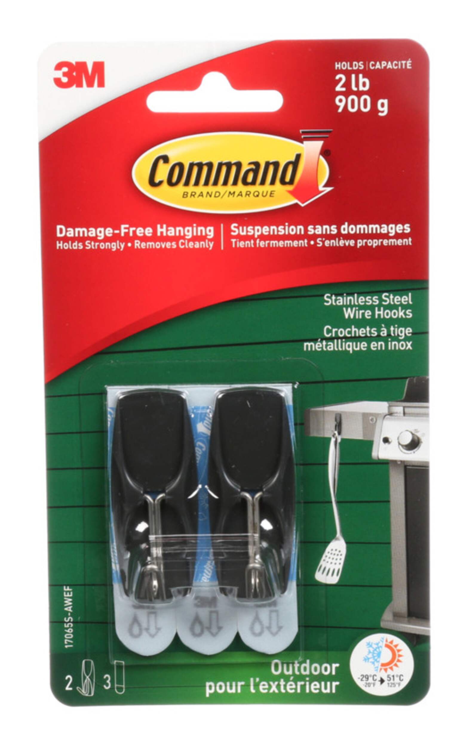 Command Adhesive Outdoor Wire Hooks with Adhesive Strips, Stainless Steel, 2-lbs, 2 Strips per Pack Front_Flat