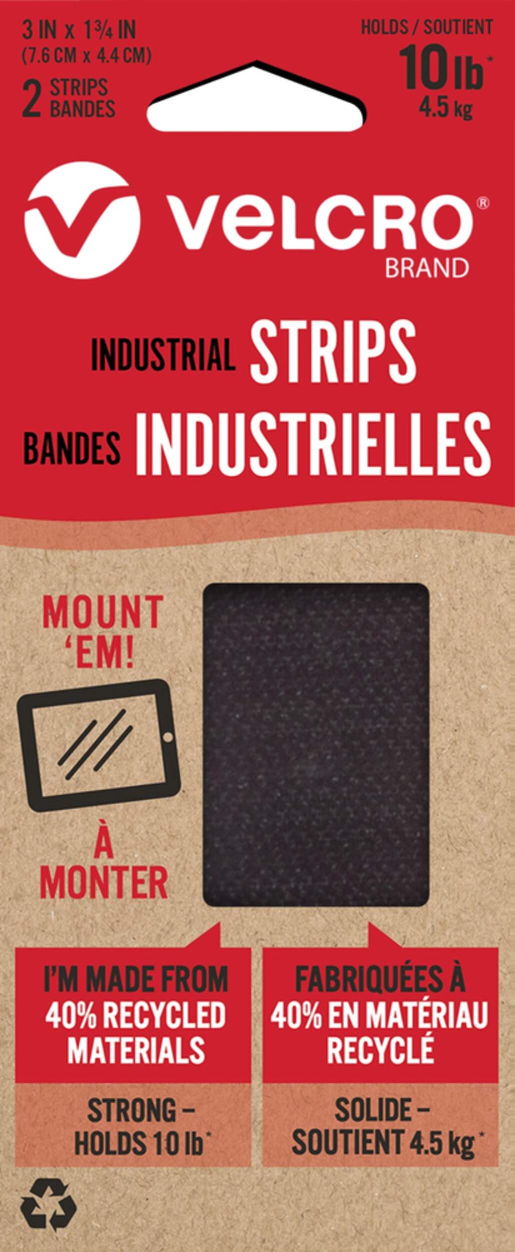Velcro Durable Water-Resistant Eco Industrial Strips, Black, 10-lbs, 3 x 1.7-in, 2-pk Front_Flat