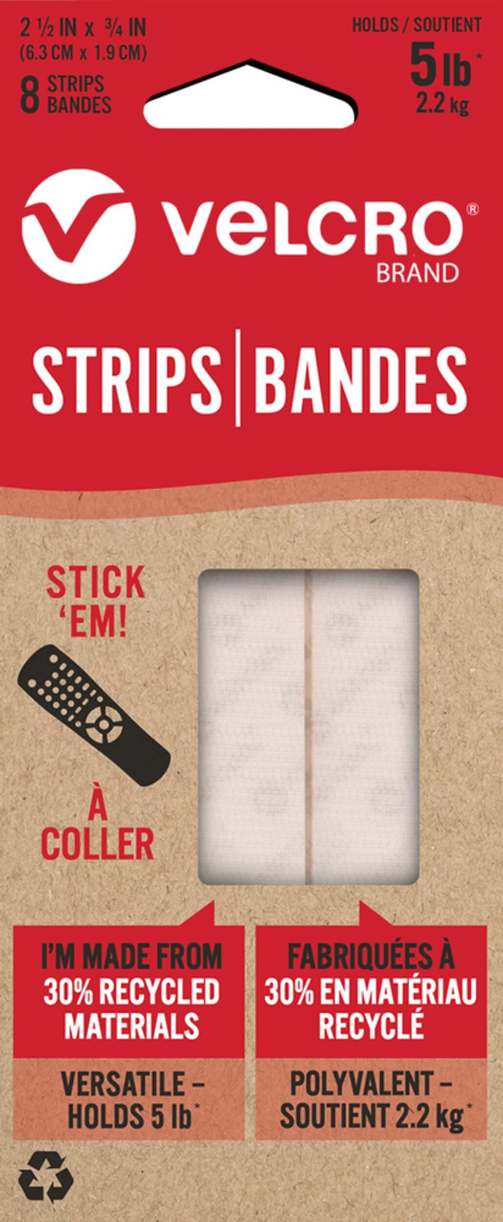 Velcro Durable Reusable Eco Strips, White, 5-lbs, 2.5 x 0.7-in, 8-pk Front_Flat