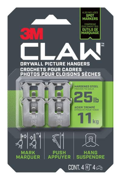 3M Claw DrywAll Picture Hanger, 25-lb Capacity, 4 Hangers per Pack