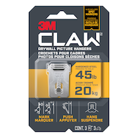 Crochet pour cadre 3M Claw, pour cloisons sèches, capacité de 45 lb, paq. 3