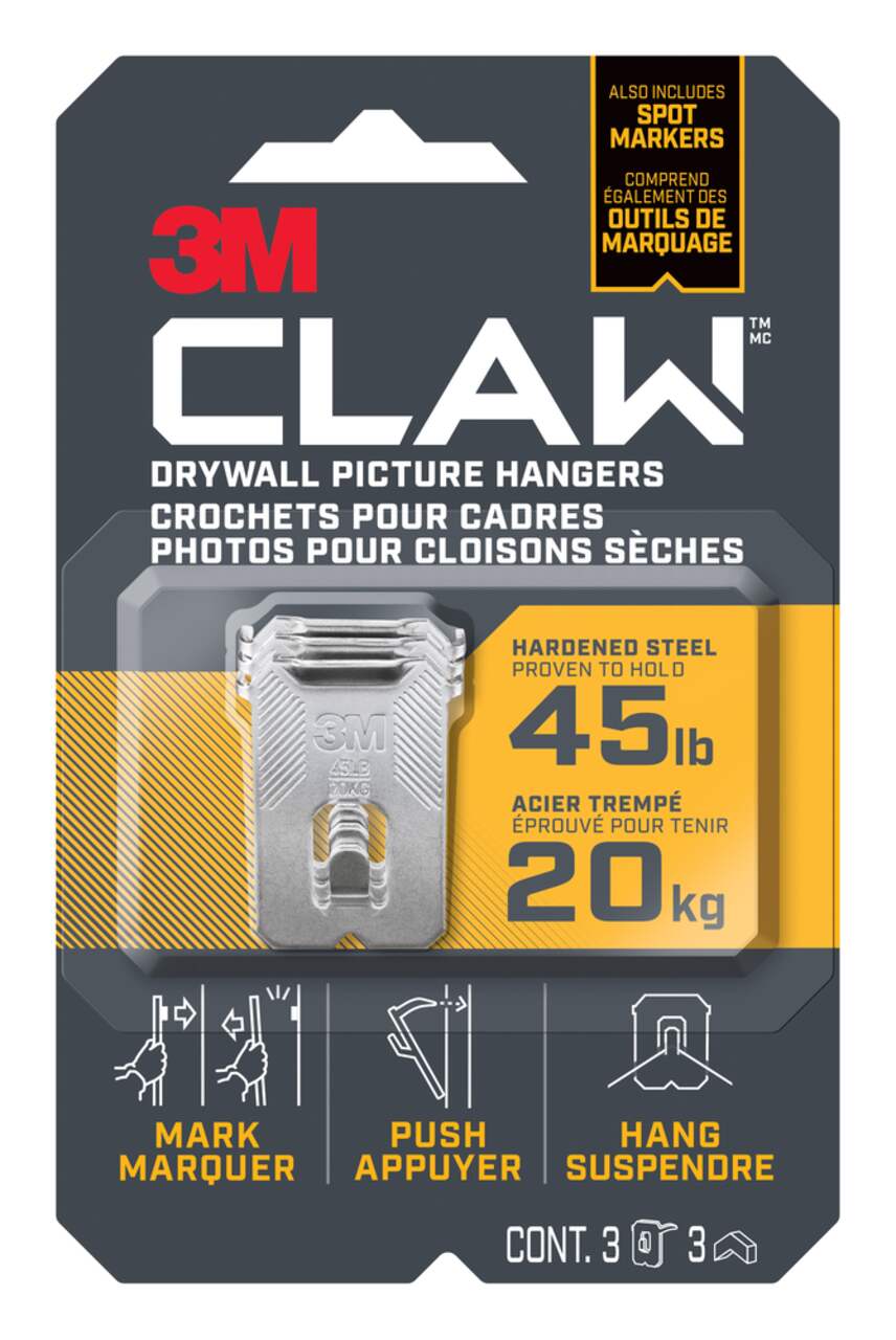 3M Claw DrywAll Picture Hanger, 45-lb Capacity, 3 Hangers per Pack