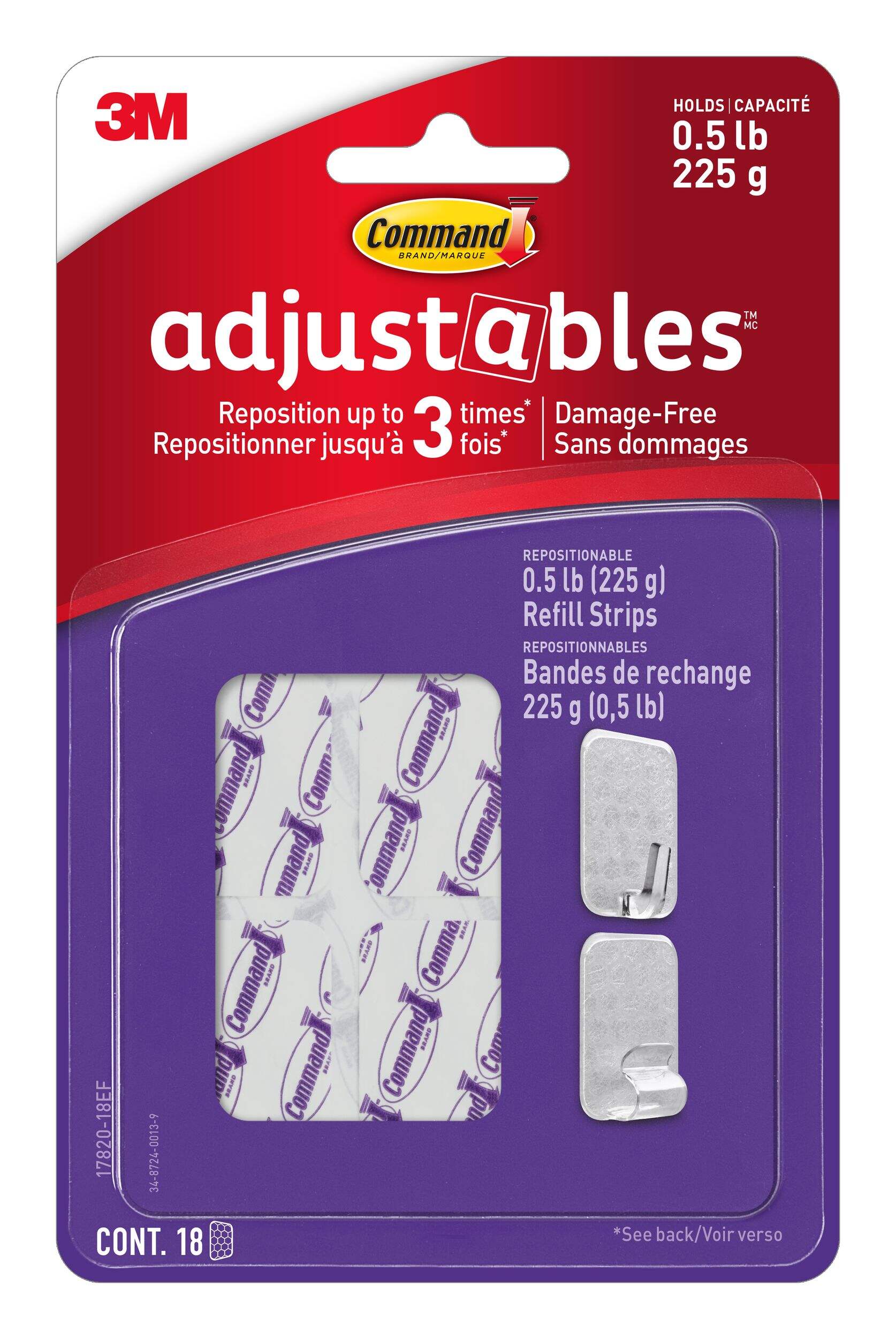 Command Adjustables Repositionable Refill Strips, No Surface Damage, 18 Strips per Pack Front_Flat
