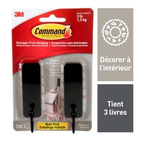 Crochets décoratifs Command moyens avec bandes adhésives, moyen, noir mat, 3 lb, paq. 2 Front_Flat