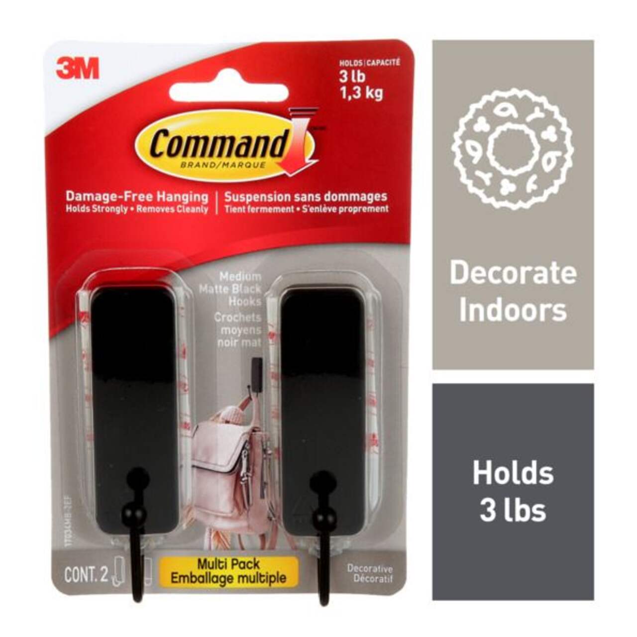 Command Medium Decorative Hooks with Adhesive Strips, Matte Black, 3-lbs, 2  Strips per Pack