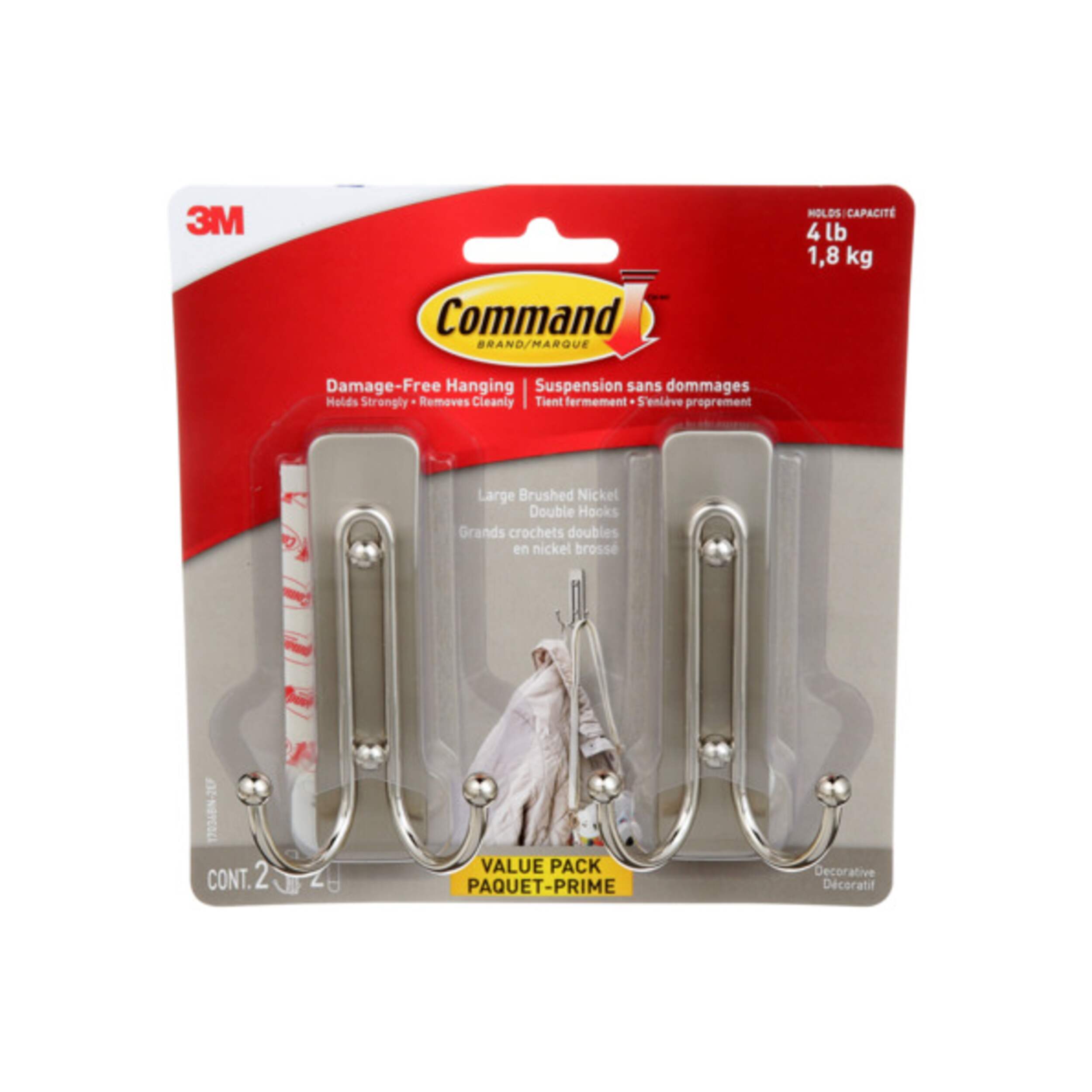 Crochets doubles décoratifs Command avec bandes adhésives, paquet économique, grand, nickel brossé, 4 lb, paq. 2 Front_Elevated