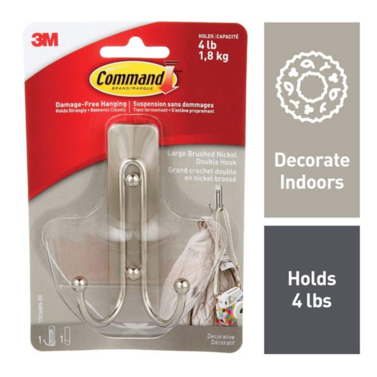 Command Large Decorative Double Hook with Adhesive Strip, Brushed Nickel,  4-lbs, 1 Strip per Pack