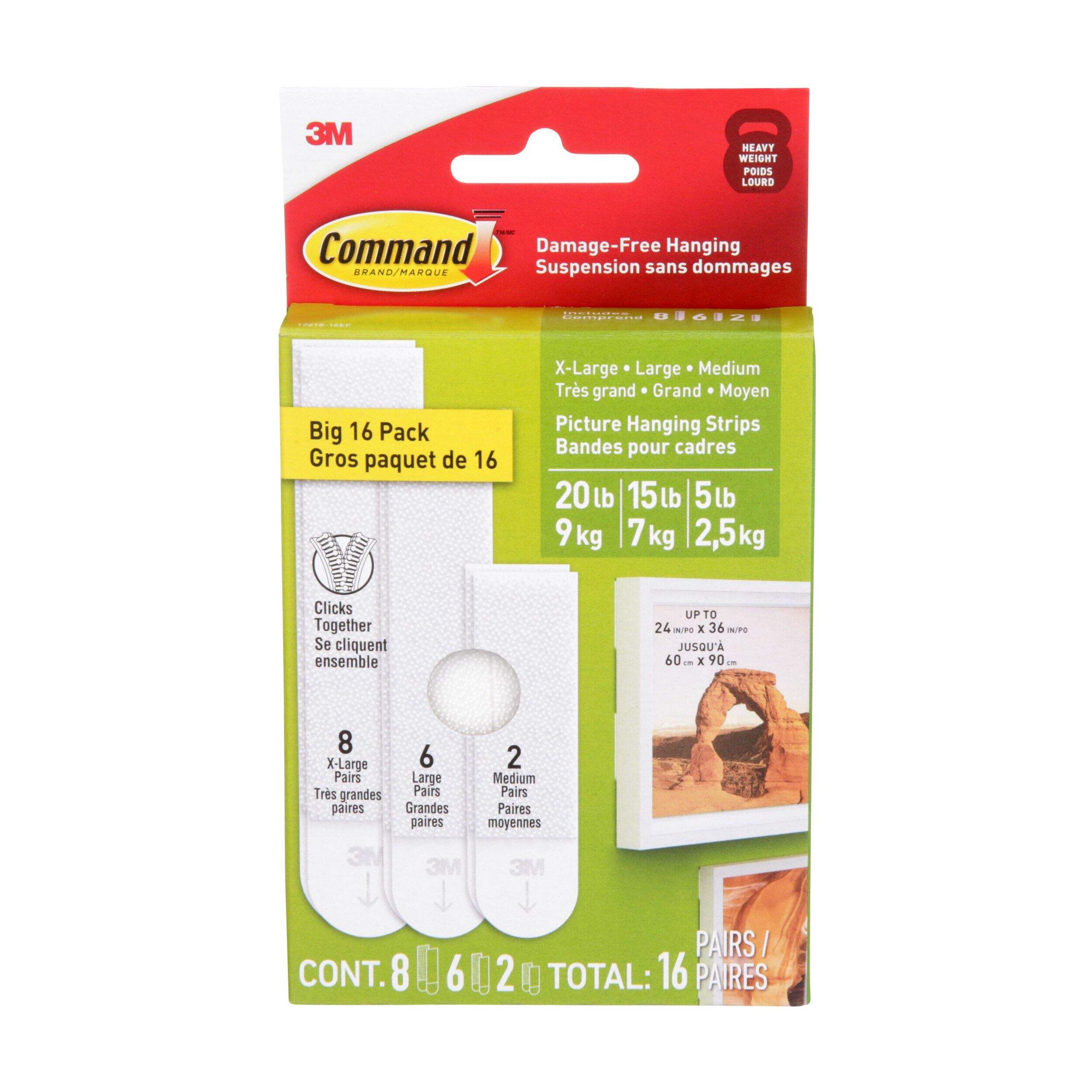Bandes pour cadres Command 17218-16EF, blanc, paquet mixte, 16 paires Front_Flat