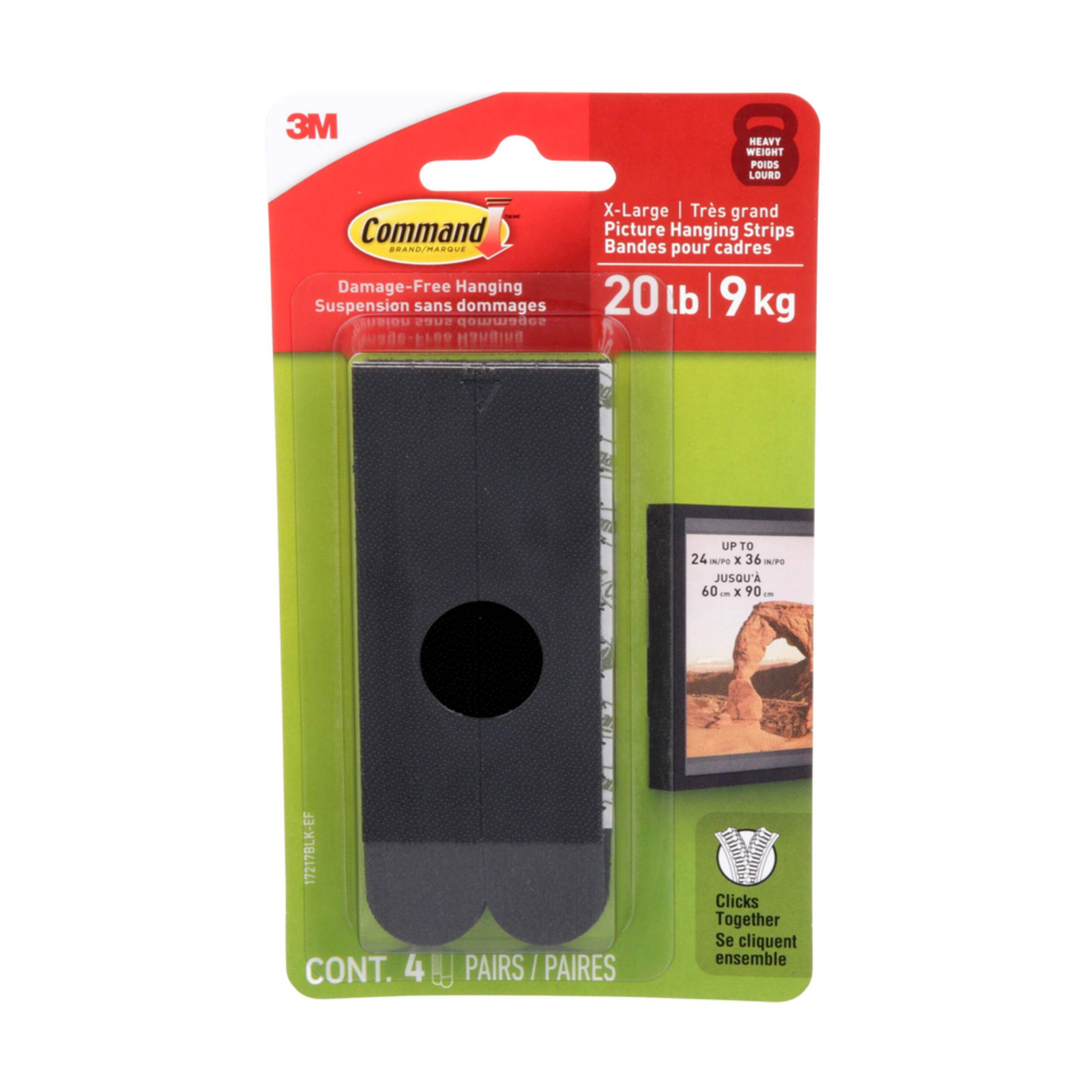 Bandes pour cadres Command 17217BLK-EF, noir, 20 lb, très grand, 4 paires Front_Flat