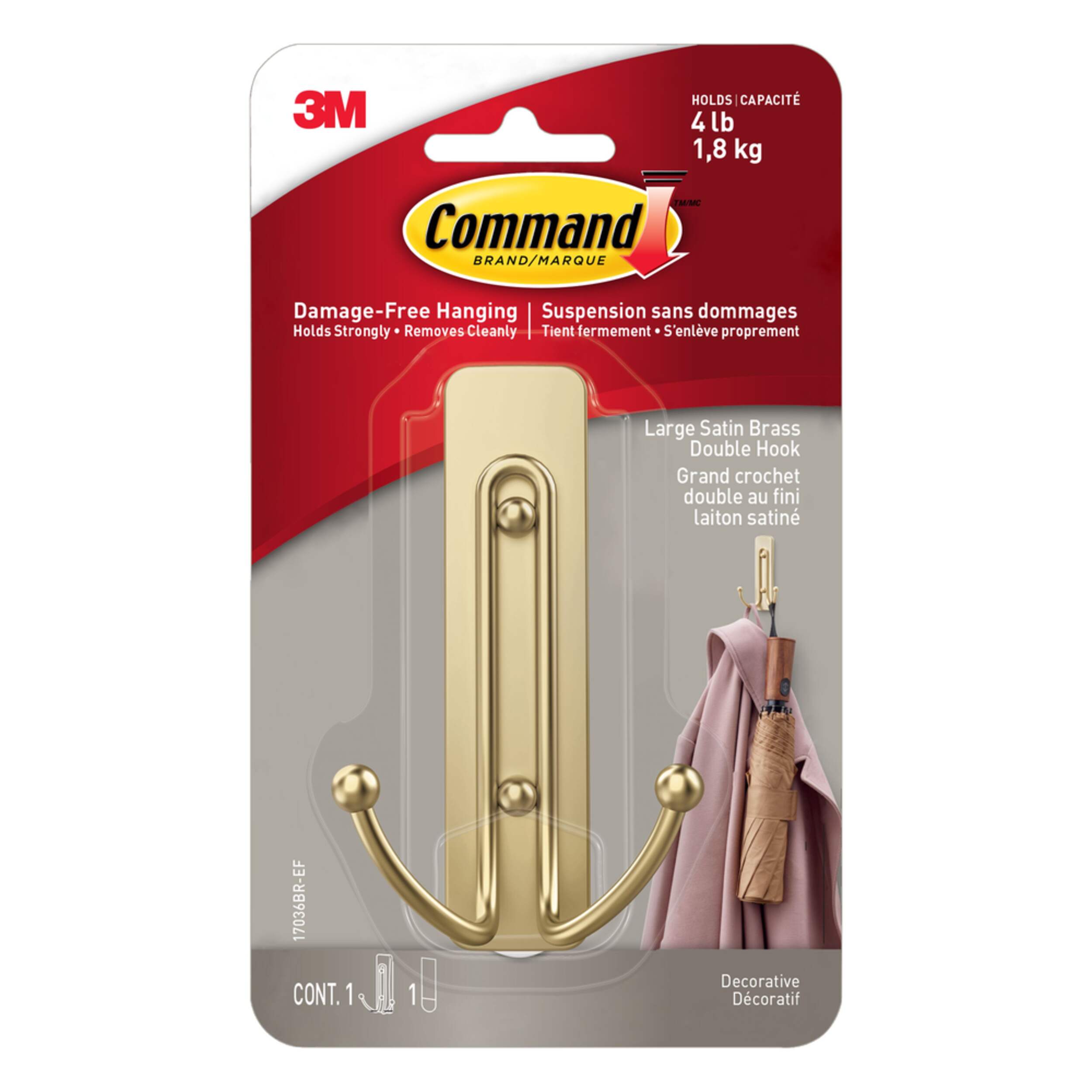 Command Large Satin Brass Hook, 17036BR-EF | 1 Hook, 1 Strip per Pack Front_Flat