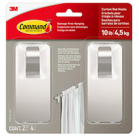 Crochets à tringle de rideau Command sans dommages, nickel satiné, paq. 2, support 10 lb