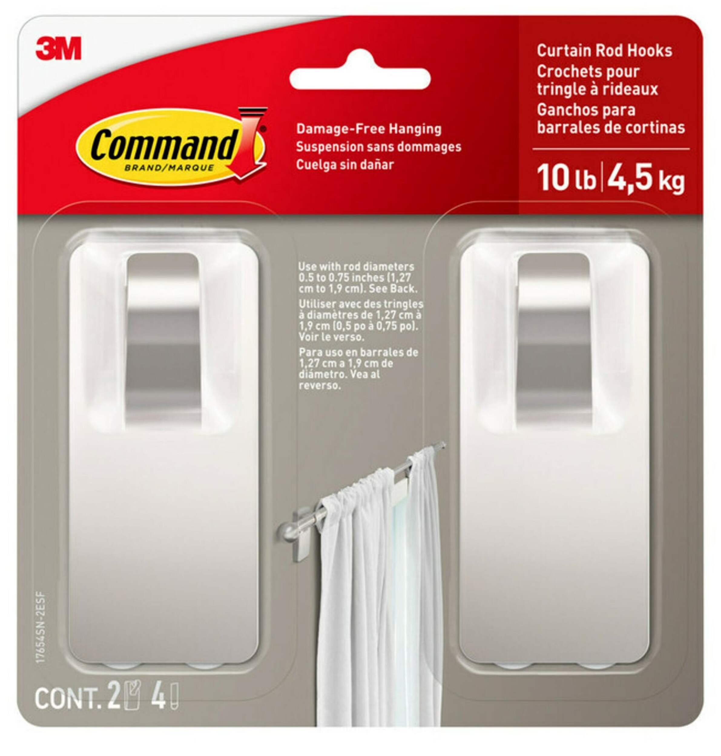 Command 2-Piece 10-lb Satin Nickel Damage Free Curtain Rod Hooks Front_Flat