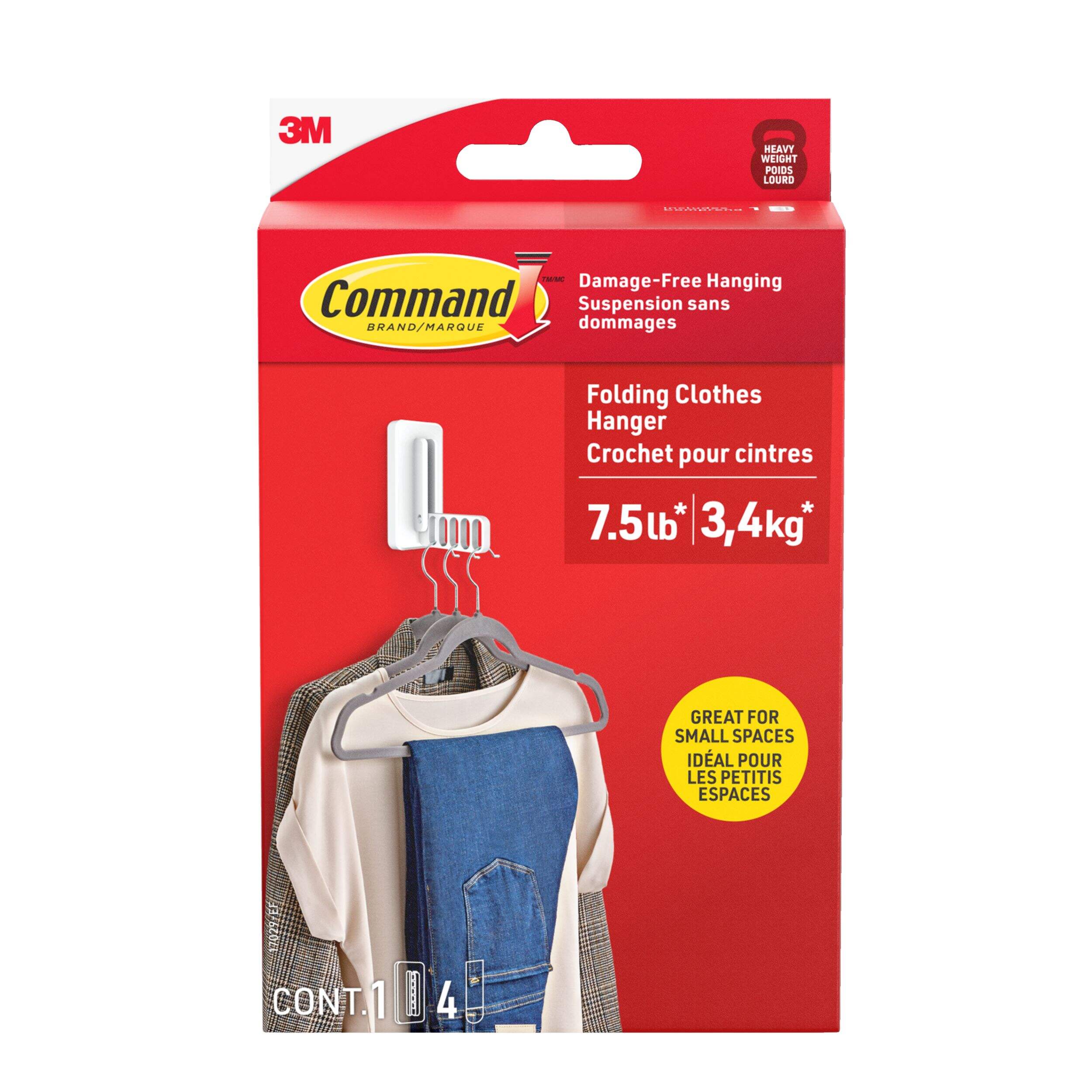 Porte-vêtements pliable sans dommages Command, blanc, support 7,5 lb Front_Flat